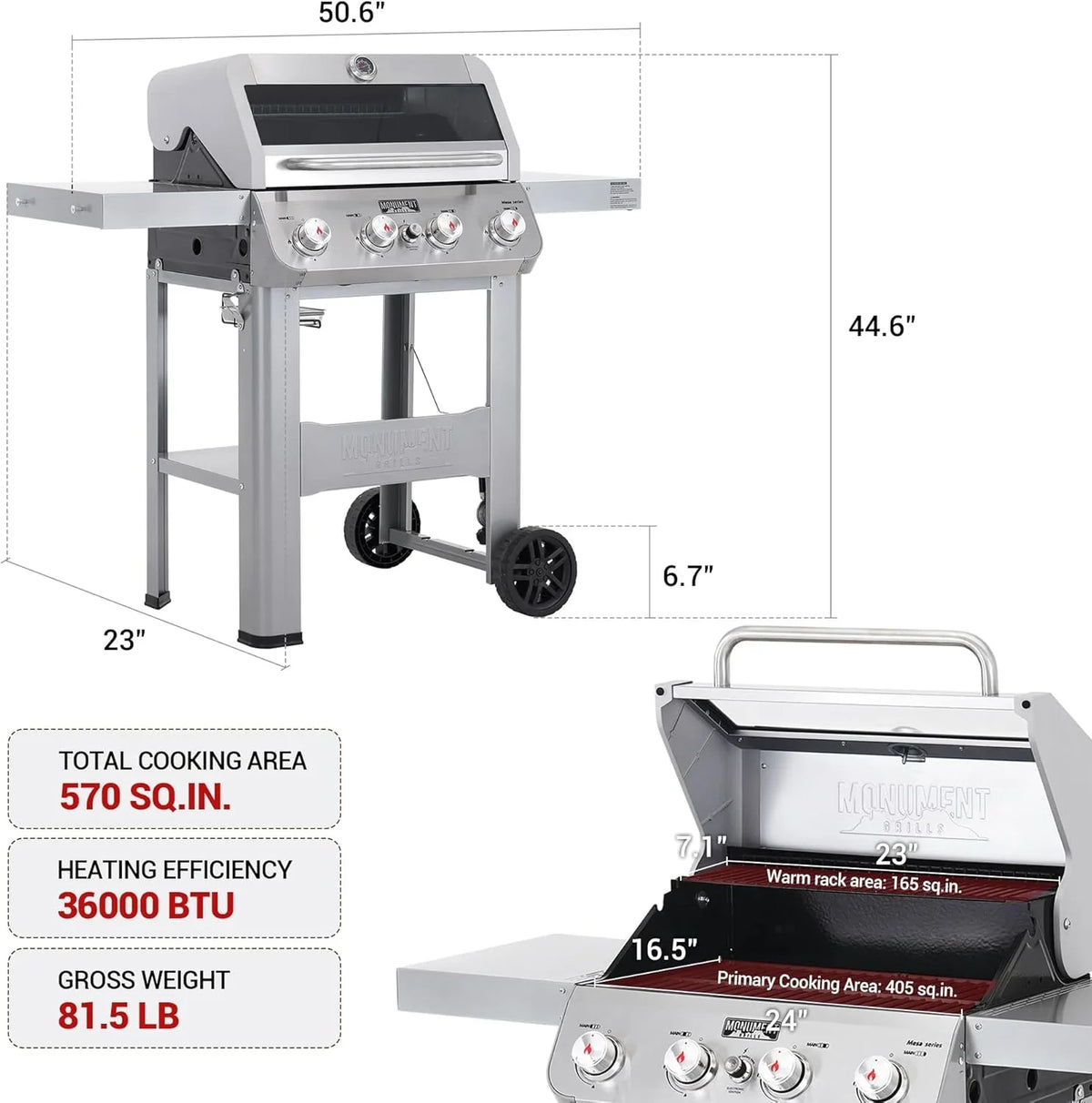 Grills 4-Burner Liquid Propane Gas Grill, Silver Stainless Steel Grill Outdoor Patio Garden Barbecue Grill with Clearview Lid and One Foldable Shelf, Mesa400MF