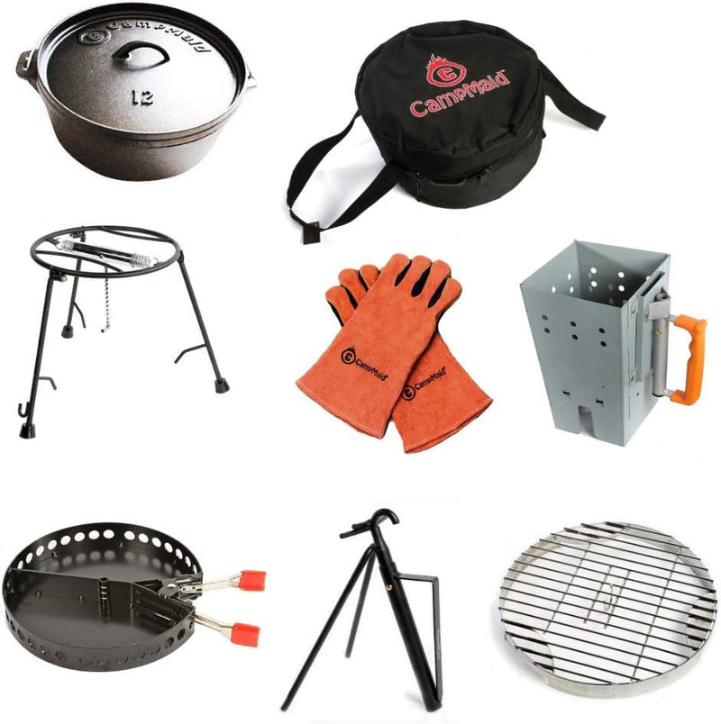 Outdoor Cooking Set - Dutch Oven and Tools Set - Charcoal Holder & Cast Iron Grill Accessories - Camping Grill Set - Outdoor Cooking Essentials - Camp Kitchen Equipment - (8 Piece Set) S7216