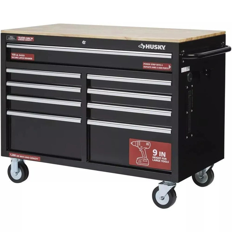 46 in. W x 24 in. D 9-Drawer Gloss Black Deep Tool Chest Mobile Workbench F8545