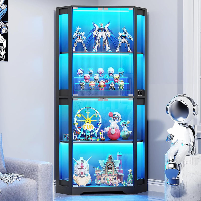 Corner Display Cabinet with Glass Doors, 65" Lighted Curio Cabinet with 3 Color Lights for Collectibles, 4-Tier Display Case Bookcase with Human Body Sensor for Toys, Books, Trophy, Black P6172