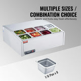 Refrigerated Condiment Prep Station, 135 W Countertop Refrigerated Condiment Station, with 2 1/3 Pans & 4 1/6 Pans, 304 Stainless Body and PC Lid, Sandwich Prep Table with Stainless Guard, ETL