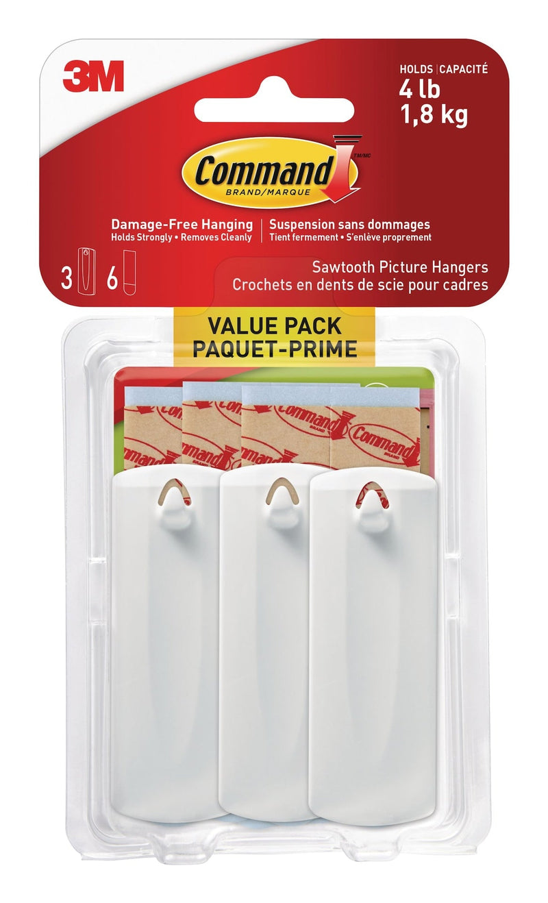 Adhesive Sawtooth Picture Hanging Hooks with Adhesive Strips, White, 4-lbs, 3 Strips per Pack E3960