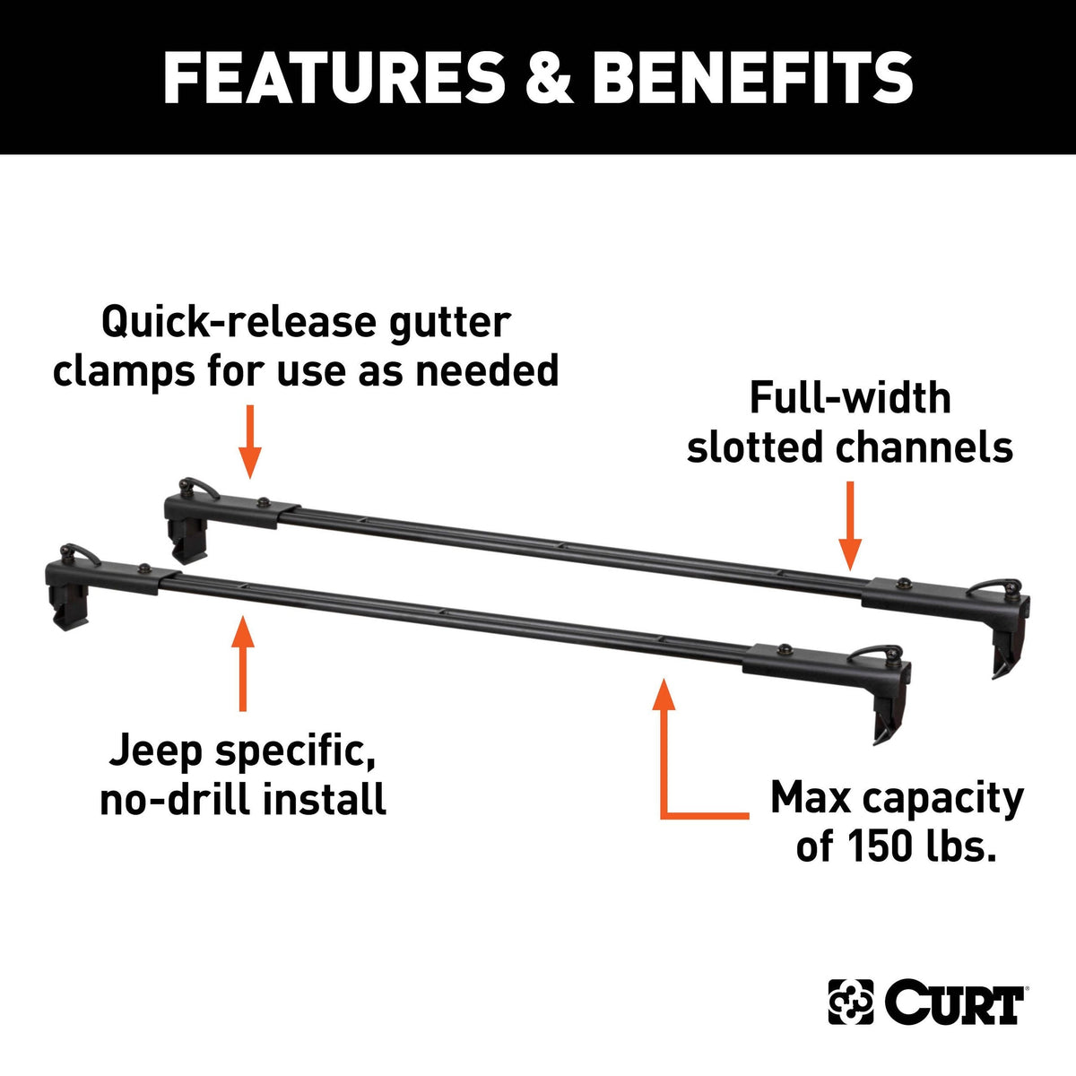 18119 Quick-Release Roof Rack Crossbars, Black Steel, Select Wrangler JK