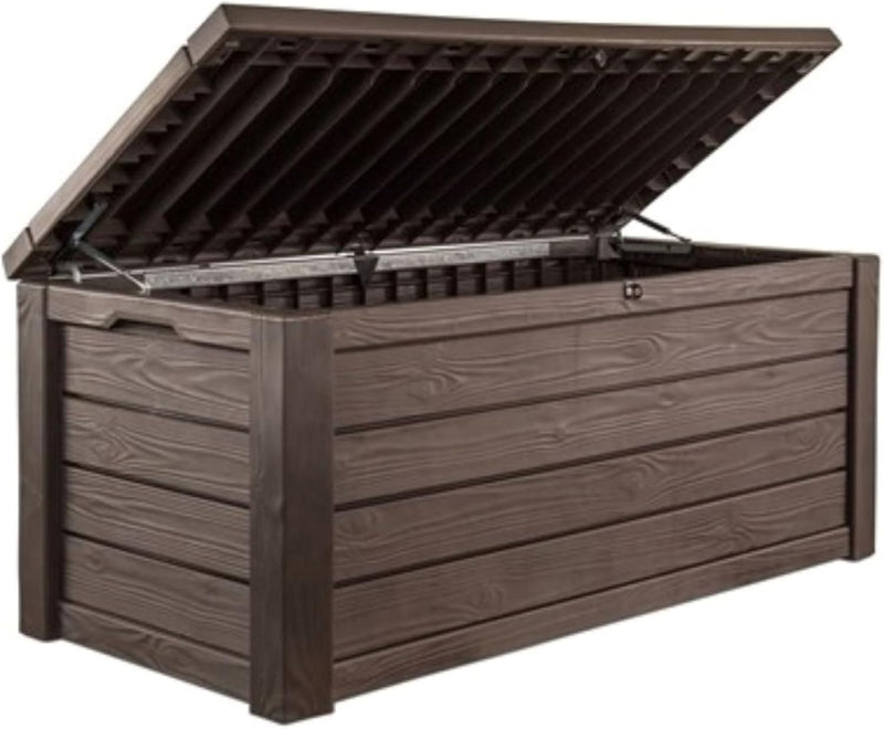 570-liter storage box, all-weather resin boat-shaped storage box, and stylish outdoor bench with piston-assisted lockable lid and side handles, dark coffee color version V2144