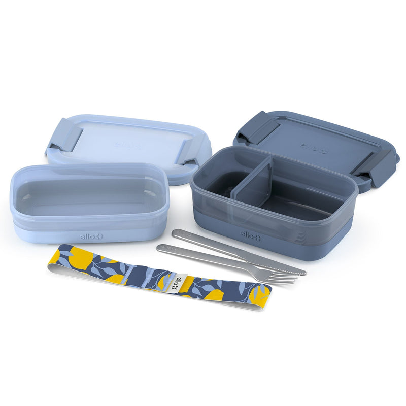 Stackable Bento Lunch Food Storage Container with Stainless Steel Flatware, Blue, 2-pk Z299