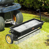 Broadcast seeder, 100-pound tractor-mounted rear polyethylene seeder with 10-inch wheels, equipped with a steel spike weeder, fertilizer spreader, garden seeder and salt spreader, suitable for residences, farms, rough terrain, and black pavement.