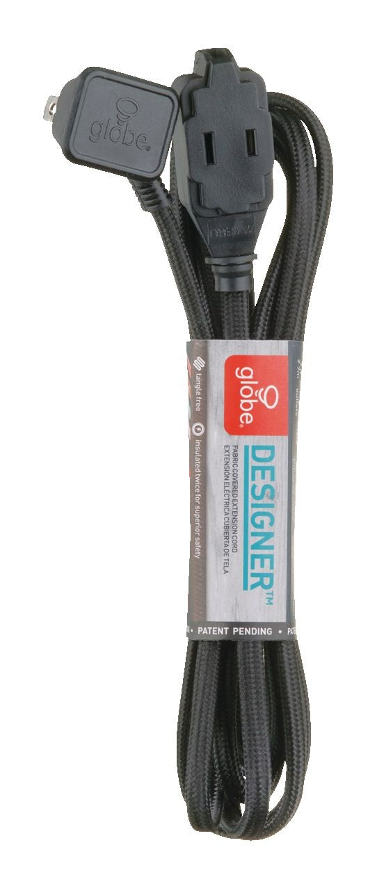 9-ft 16/2 Fabric Extension Cord, Right Angle Plug, 3 Outlets, Black O7489