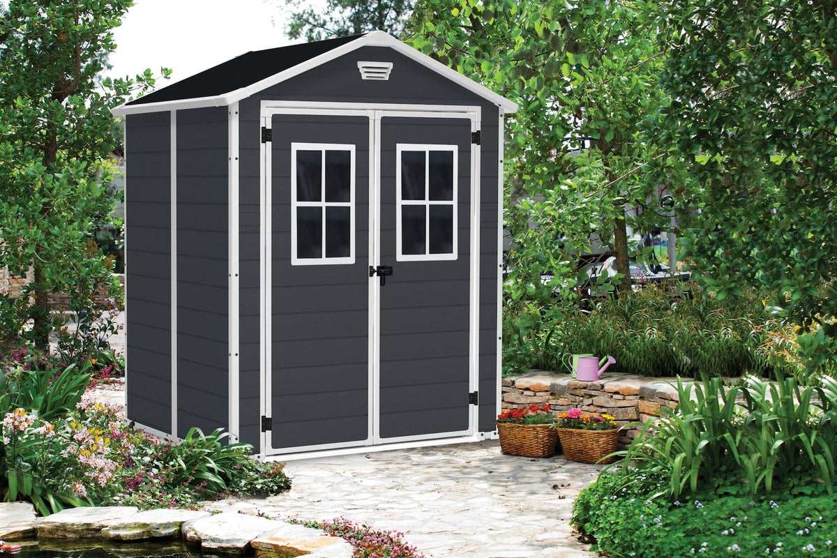 Manor Resin Outdoor Storage Shed with Fixed Window, Grey, 6-ft x 5-ft