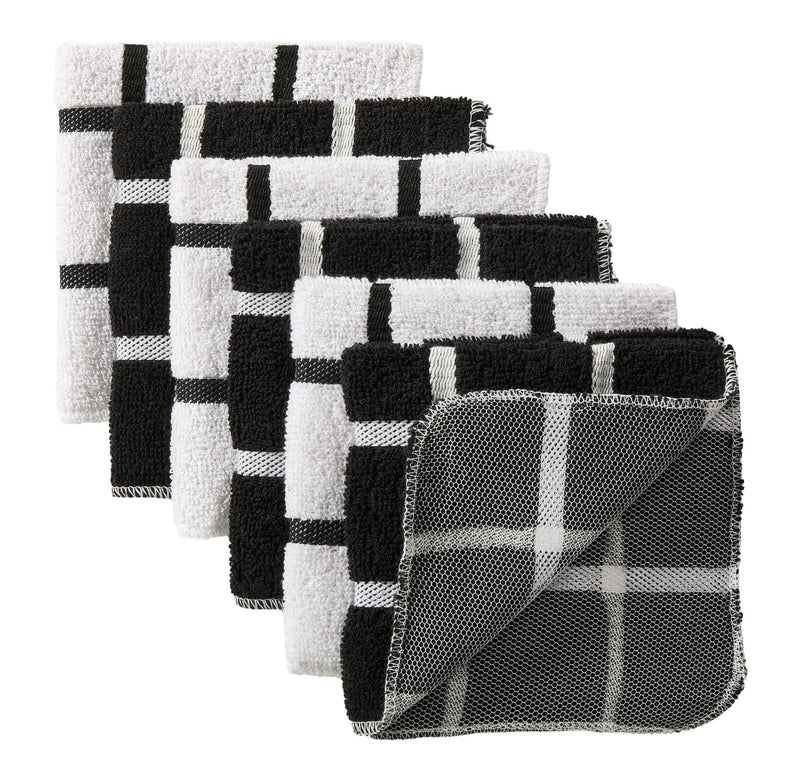 Terry Checkered Dish Cloths with Scrubber, Black, 6-pk G4048