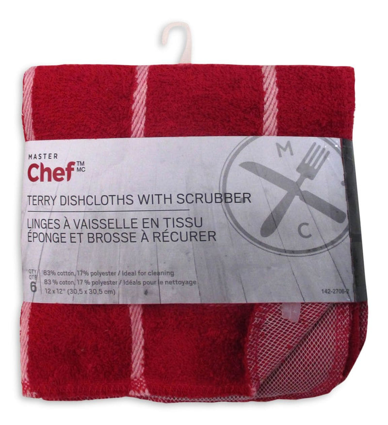 Terry Cotton Checkered Dishcloths, 12-in x 12-in, Red, with Scrubber, 6-pk W6888