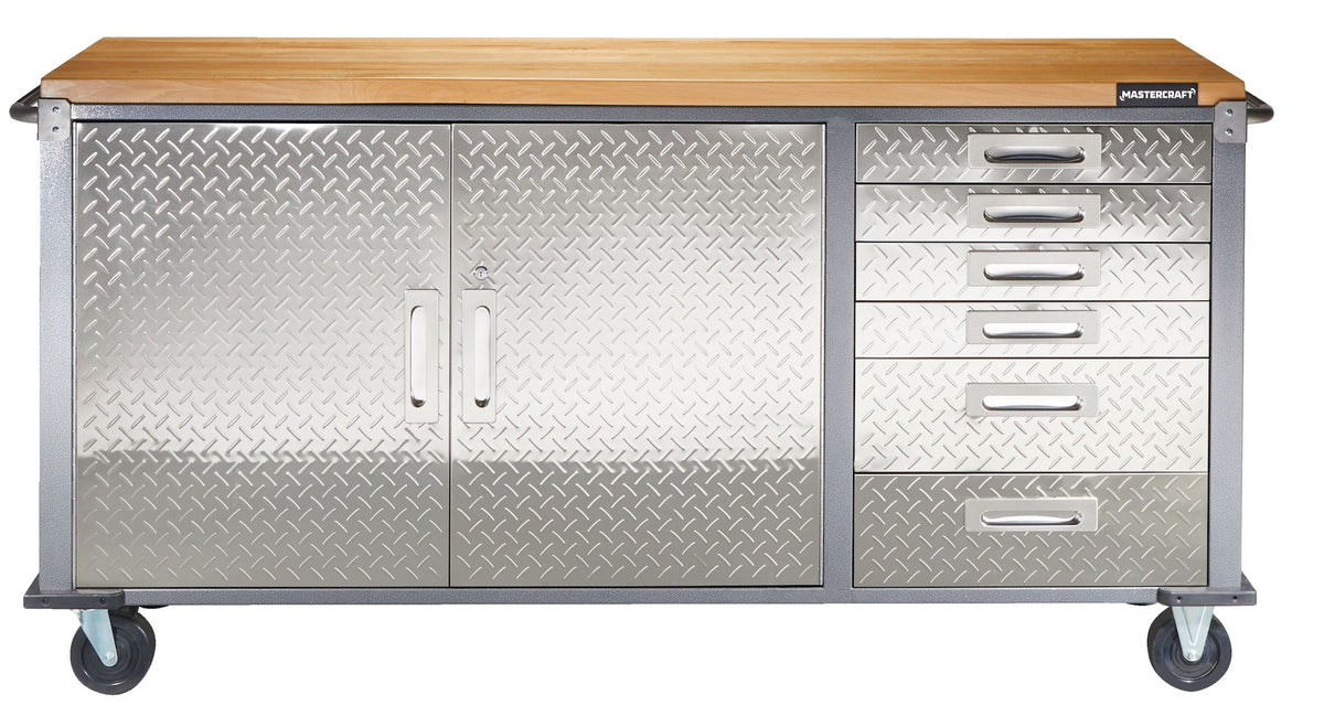 72" Diamond Series 2-Door, 6-Drawer Wooden Top Work Station with Wheels, 72 x 21-5/8 x 37-1/2-in