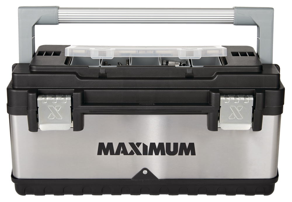 MAXIMUM Portable Plastic & Metal Tool Box with Removable Tray & Organizer, Black, 20-in