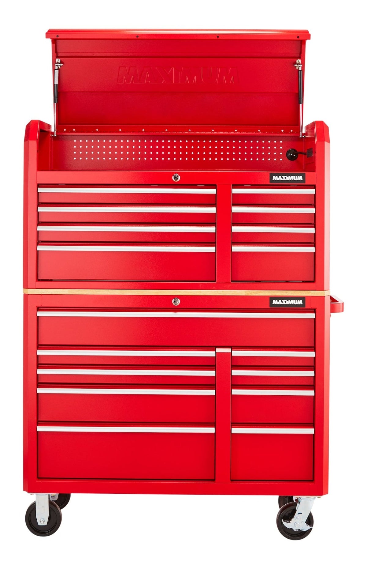 MAXIMUM Tool Storage Cabinet, Built-In Power Bar with USB, 9-Drawer, 47-in, Red