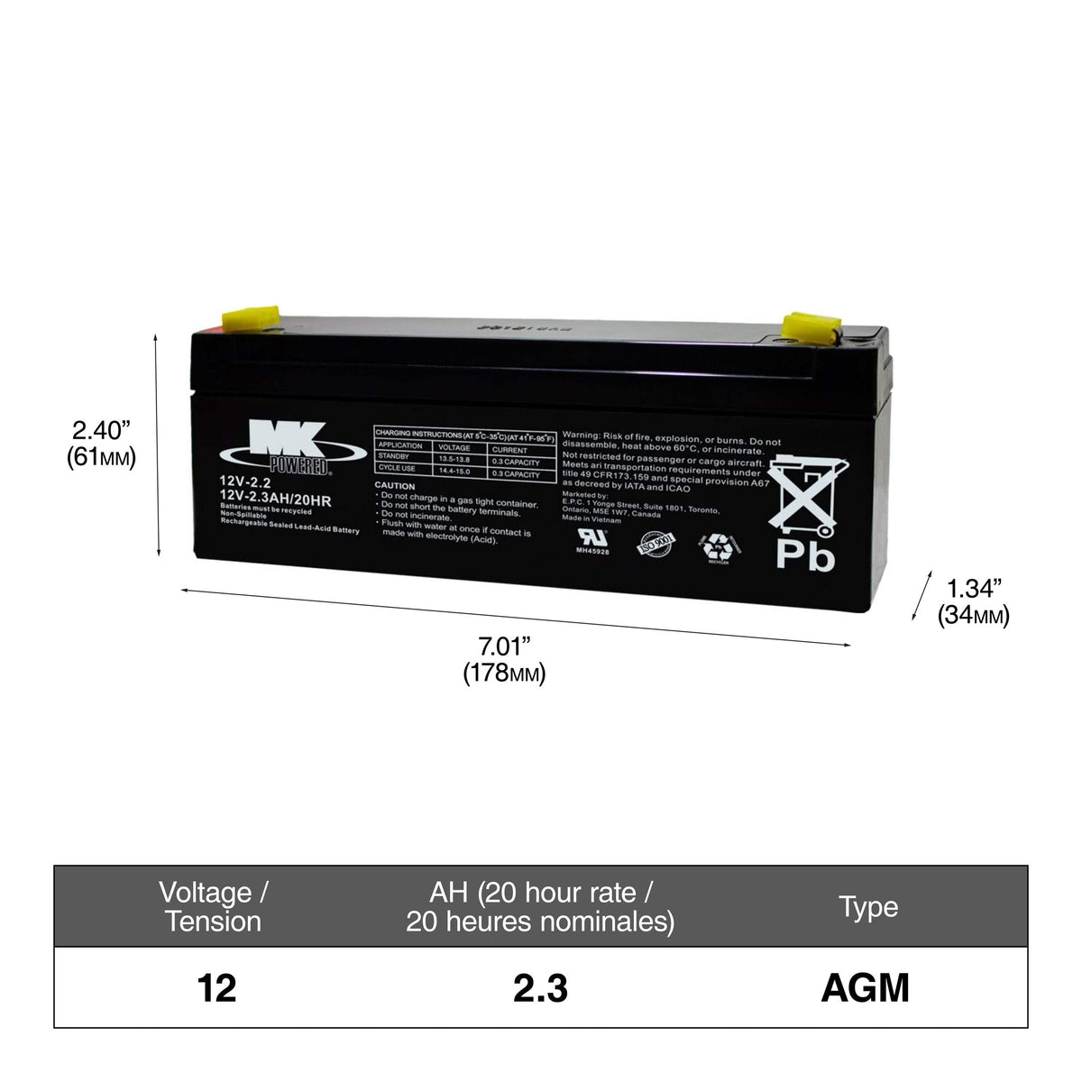 12-Volt 2.3 Ah SLA Battery, F1 Terminal