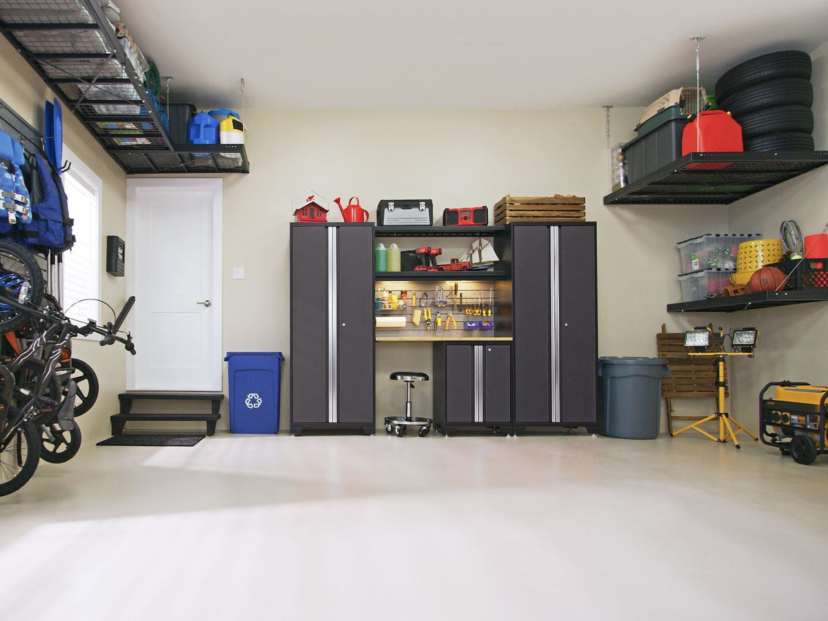 Bold 3.0 Series All-in-One Lockable Steel Garage Cabinetry Set with Stainless Steel Top, Black/Grey, 48-in x 18-in x 76.75-in, 5-pc