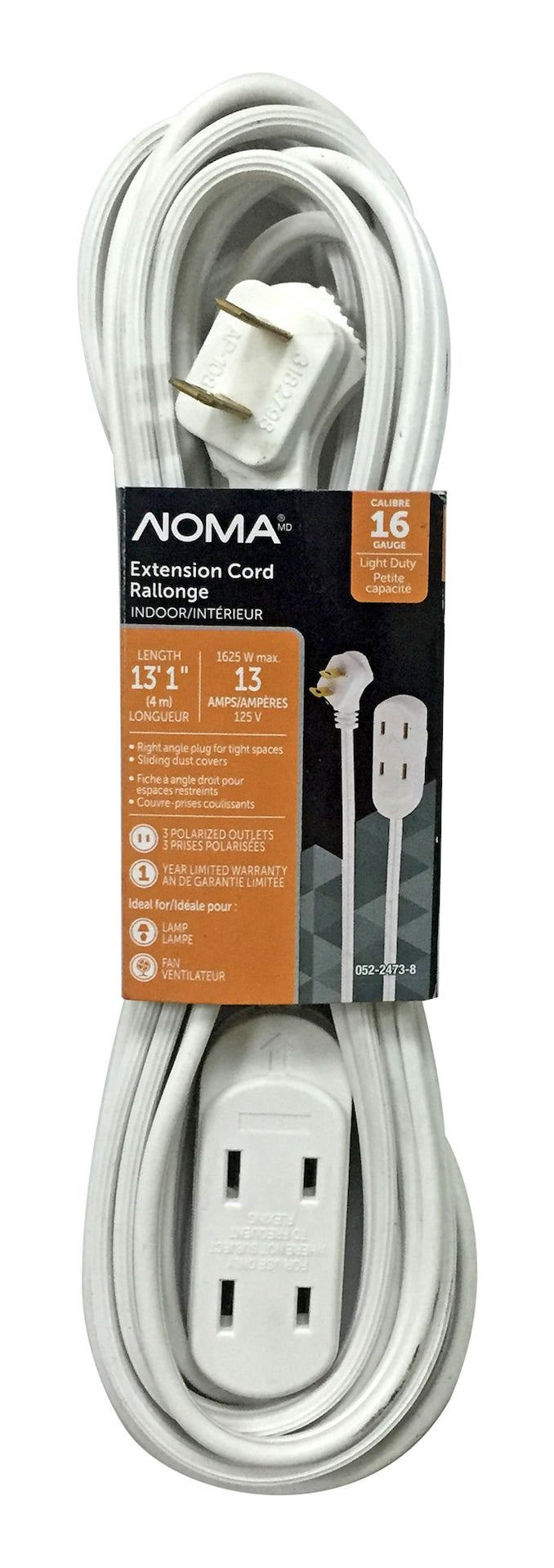 15-ft 16/2 Indoor Extension Cord, 3 Outlets, Flat Plug, White