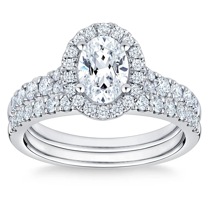 Oval Cut and Round Brilliant Diamond Halo Wedding Set (1.85 ctw)
