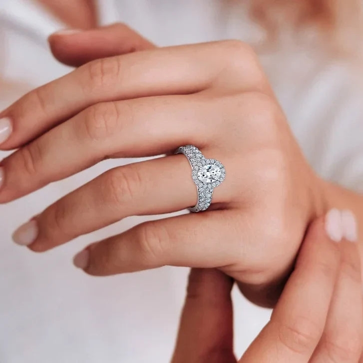 Oval Cut and Round Brilliant Diamond Halo Wedding Set (1.85 ctw)