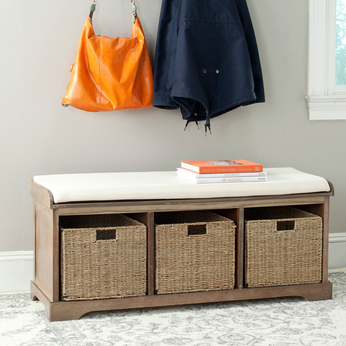 Lonan Wicker Storage Bench, Grey Wash/White, 16.1-in x 47-in x 19.9-in