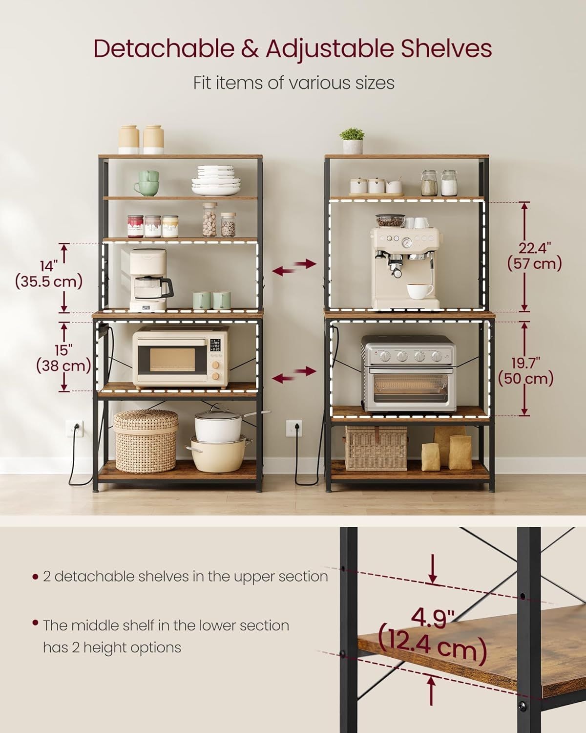 Home Small Rustic Brown Baker's Rack with 4 AC Outlets