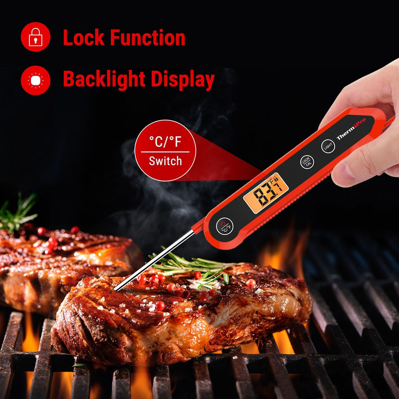 Waterproof Digital Instant-Read Folding Meat Thermometer with Swivel Probe, Black/Red I9425