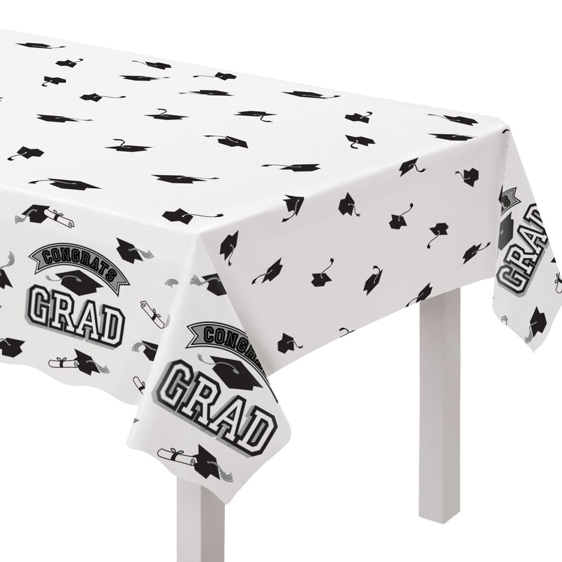 True to Your School "Congrats Grad" Rectangle Plastic Reusable Table Cover, Black/White, 54x84-in, for Graduation R7605