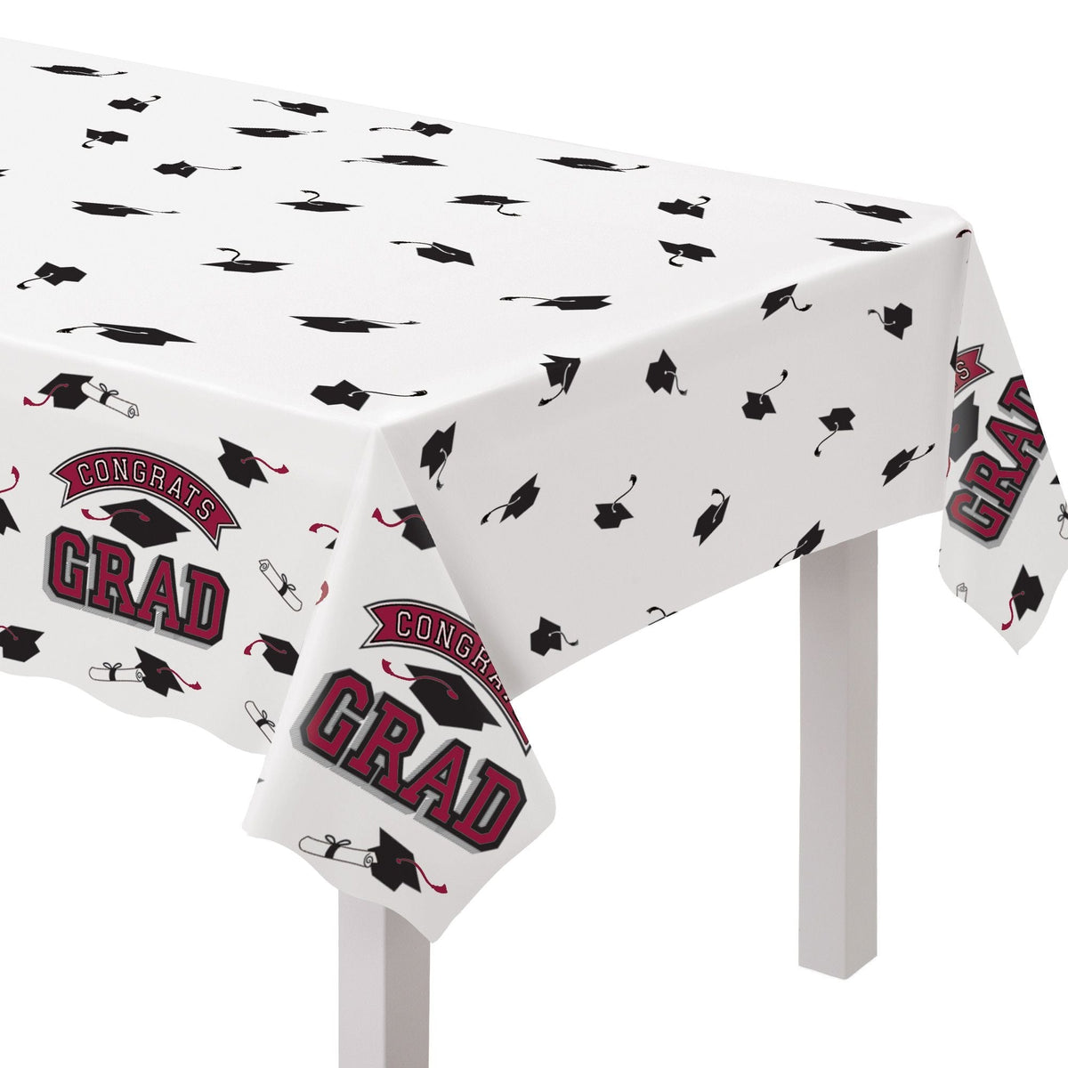 True to Your School "Congrats Grad" Rectangle Plastic Reusable Table Cover, Maroon, 54x84-in, for Graduation