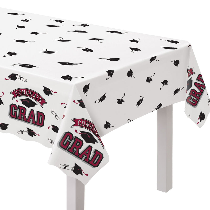 True to Your School "Congrats Grad" Rectangle Plastic Reusable Table Cover, Maroon, 54x84-in, for Graduation A994