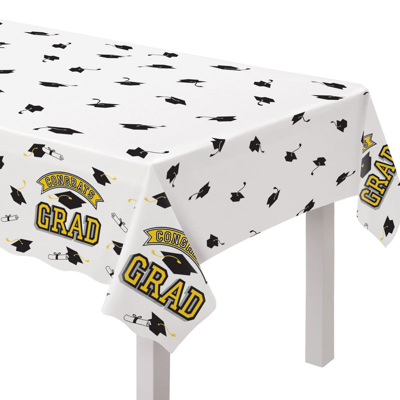 True to Your School "Congrats Grad" Rectangle Plastic Reusable Table Cover, Yellow, 54x84-in, for Graduation Q7906