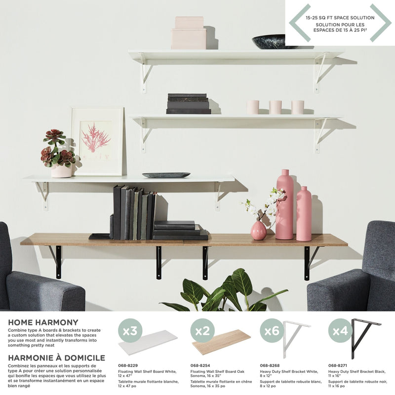 Wooden Floating Wall Shelf Board, White, 12 x 47-in K9543