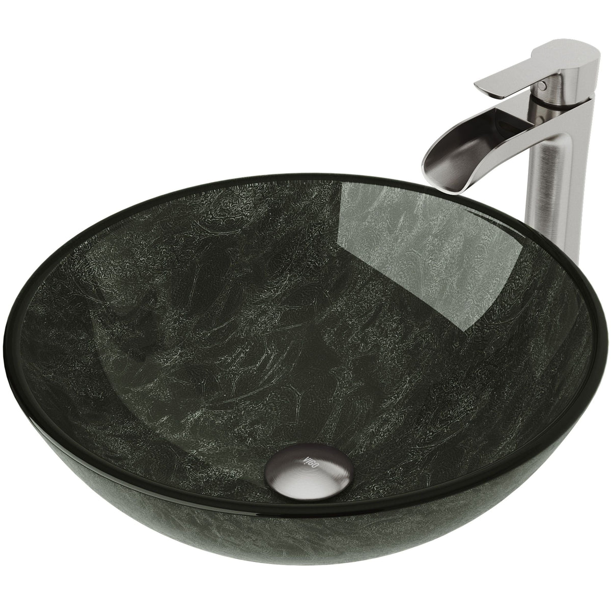 Glass Grey Onyx Bathroom Sink/Basin Set with Niko Faucet and Round Vessel