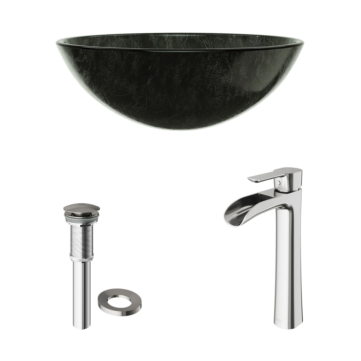 Glass Grey Onyx Bathroom Sink/Basin Set with Niko Faucet and Round Vessel