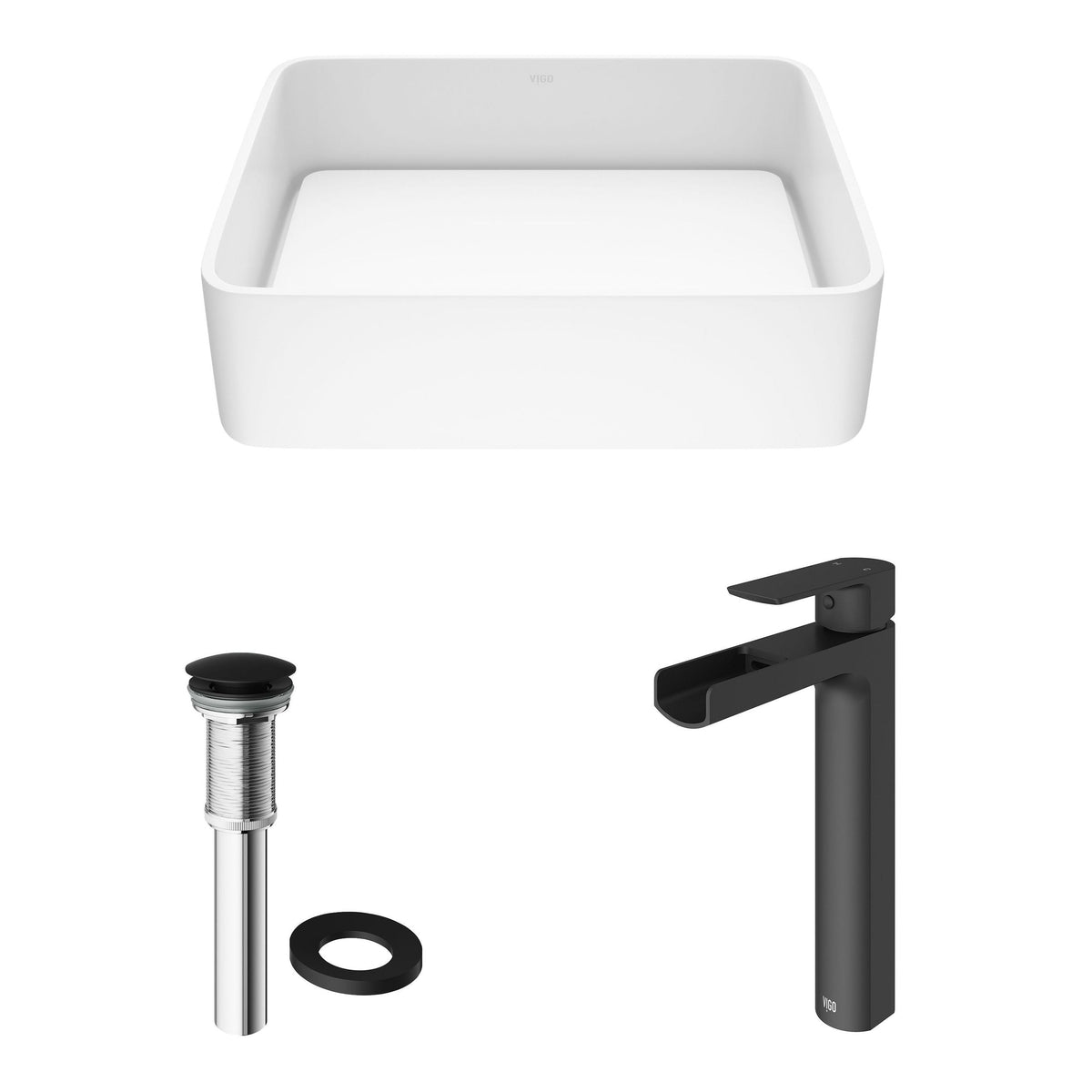 Jasmine White Bathroom Sink/Basin Set with Amada Faucet and Rectangular Composite Vessel