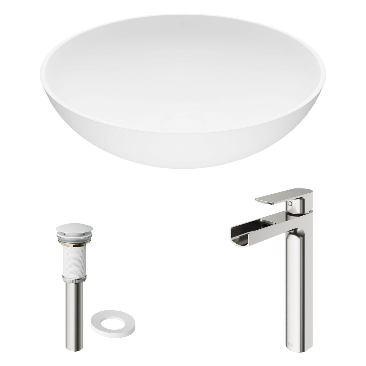 Lotus Round White Composite Bathroom Sink/Basin Set with Amada Faucet and Pop-Up Drain