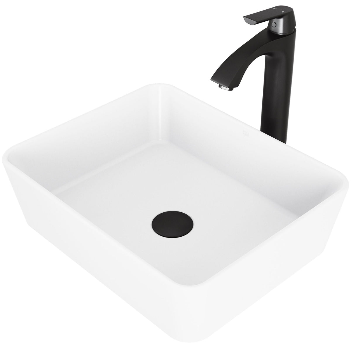 Marigold White Bathroom Sink/Basin Set with Matte Black Linus Faucet and Rectangular Composite Vessel