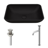 Sottile Matte Black Bathroom Sink/Basin Set with Cass Faucet and Glass Rectangular Vessel