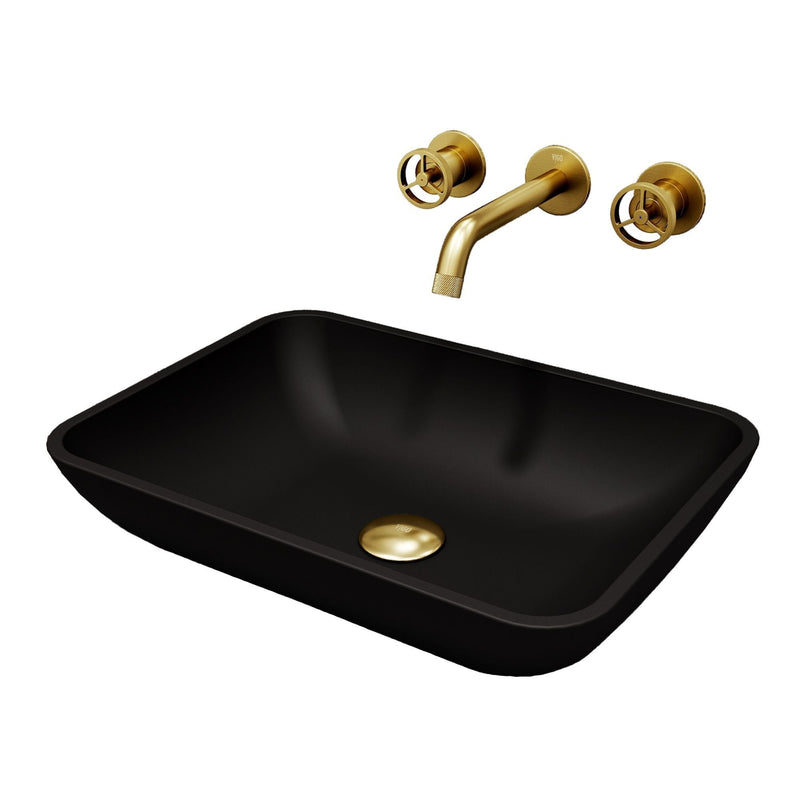Sottile Matte Black Bathroom Sink/Basin Set with Cass Wall Mount Faucet and Glass Rectangular Vessel Y4474