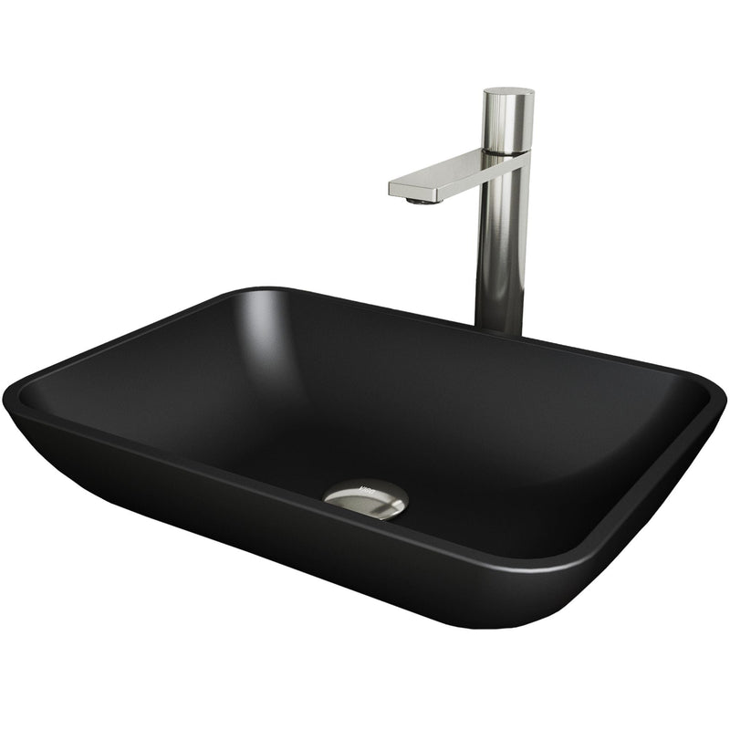 Sottile Matte Black Bathroom Sink/Basin Set with Gotham Faucet and Glass Rectangular Vessel J744