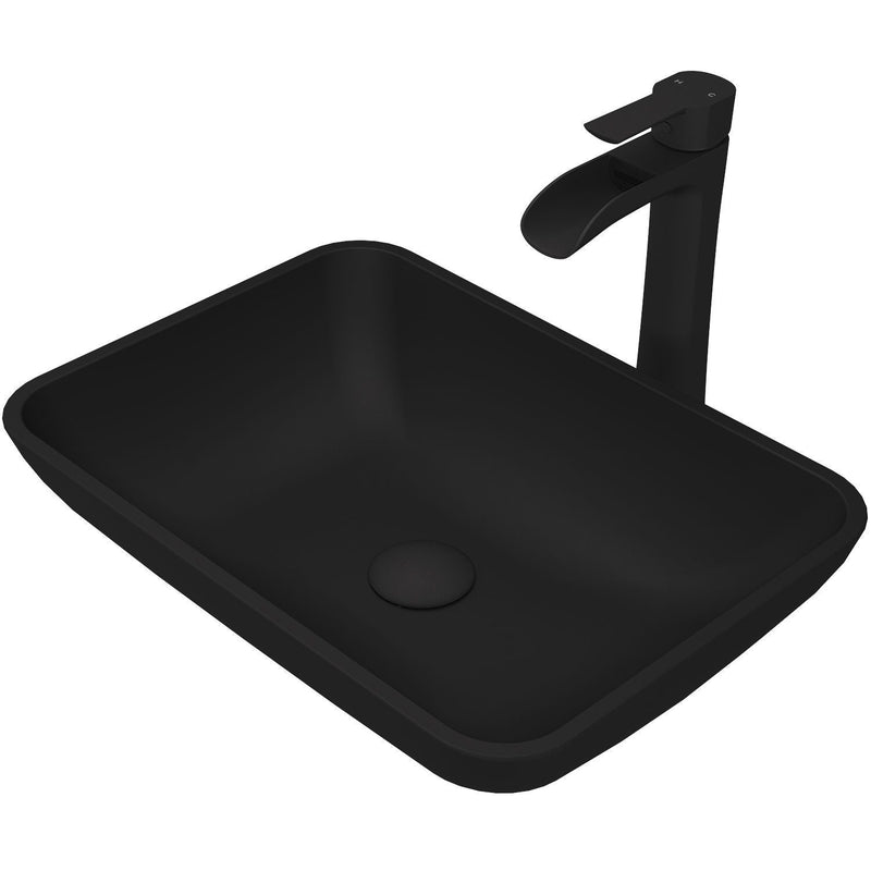 Sottile Matte Black Bathroom Sink/Basin Set with Niko Faucet and Glass Rectangular Vessel W7300