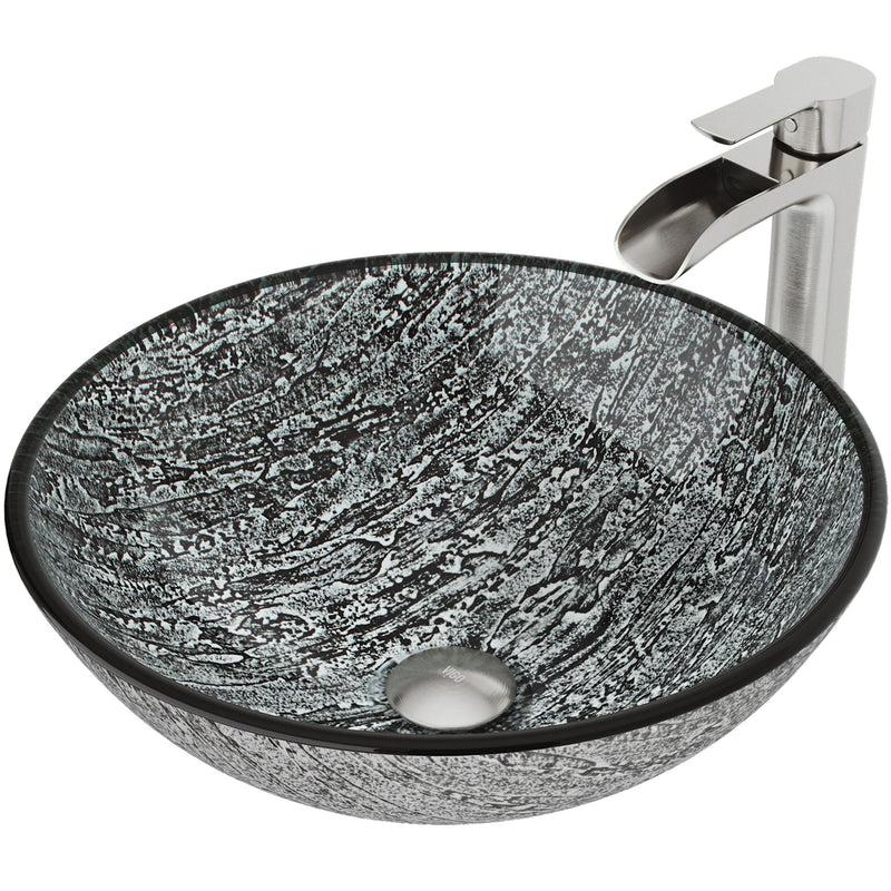 Titanium Glass Slate Grey Bathroom Sink/Basin Set with Niko Faucet and Round Vessel D3093
