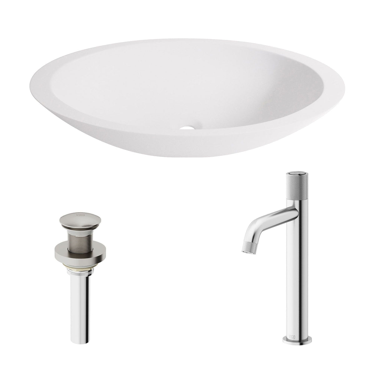 Wisteria White Bathroom Sink/Basin Set with Apollo Faucet and Oval Composite Vessel